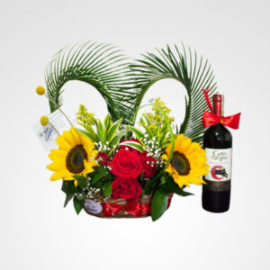 arreglo de rosas y girasoles vino gato negro floreria bogota